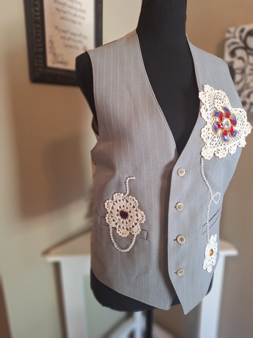 Handmade Grey Pinstripe Vest with Cream Crochet Floral Appliqués M